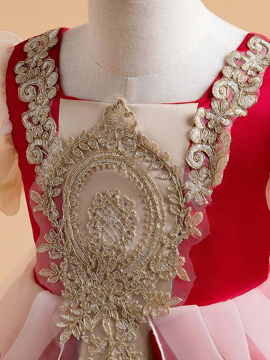 Red Puff Sleeve Embroidered Dress