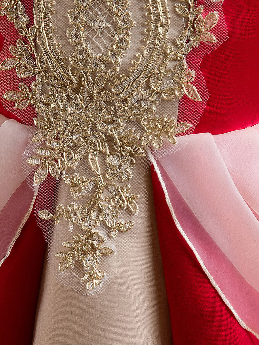 Red Puff Sleeve Embroidered Dress