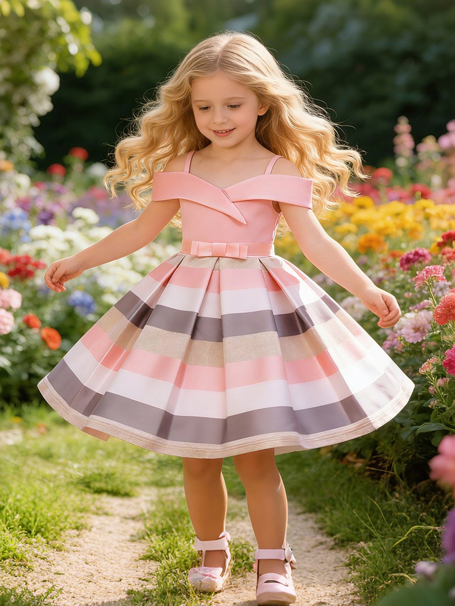Girls Striped Cold-Shoulder Dress with Bow Detail