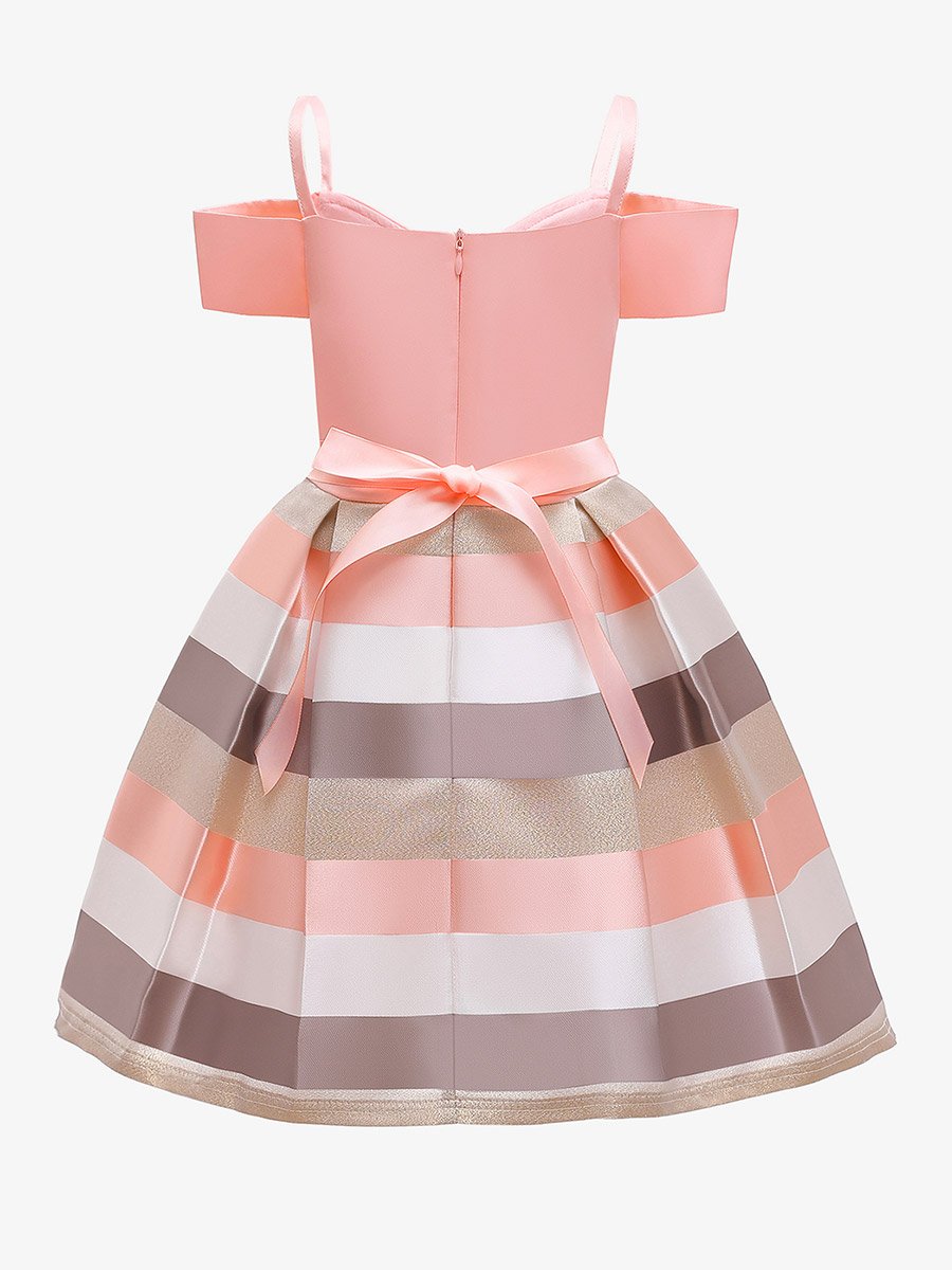 Girls Striped Cold-Shoulder Dress with Bow Detail