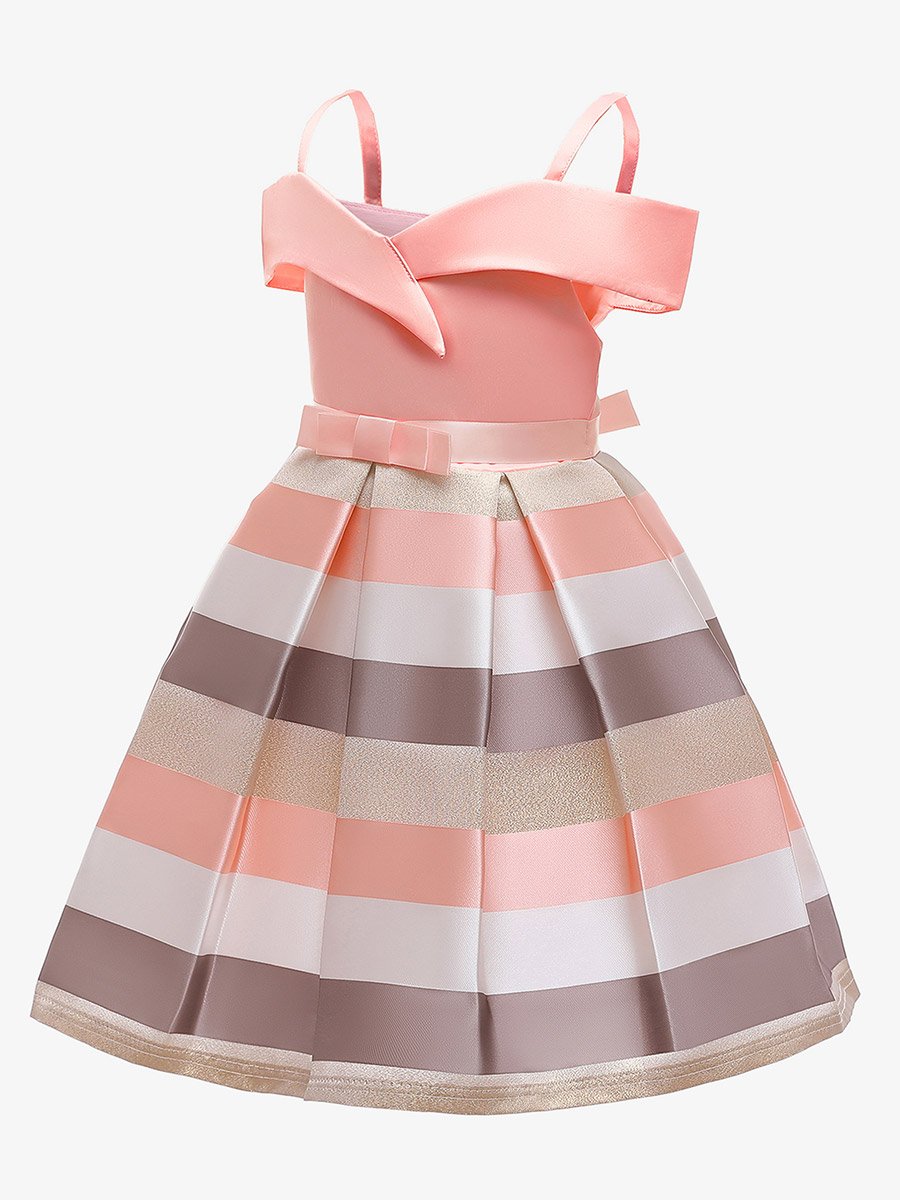 Girls Striped Cold-Shoulder Dress with Bow Detail