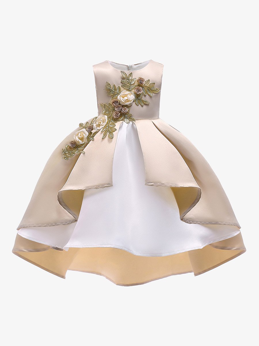 Girls Beige Embellished Sleeveless Pleated Dress