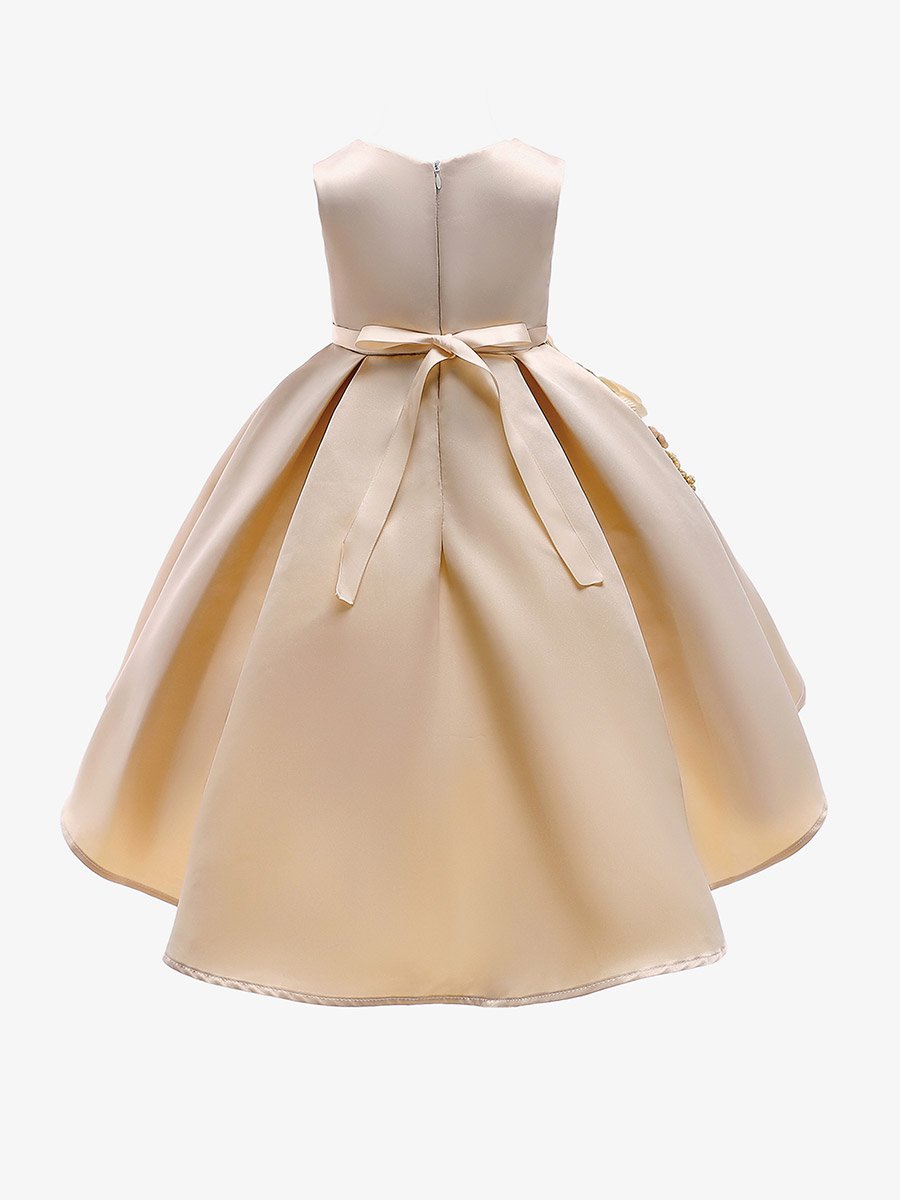 Girls Beige Embellished Sleeveless Pleated Dress