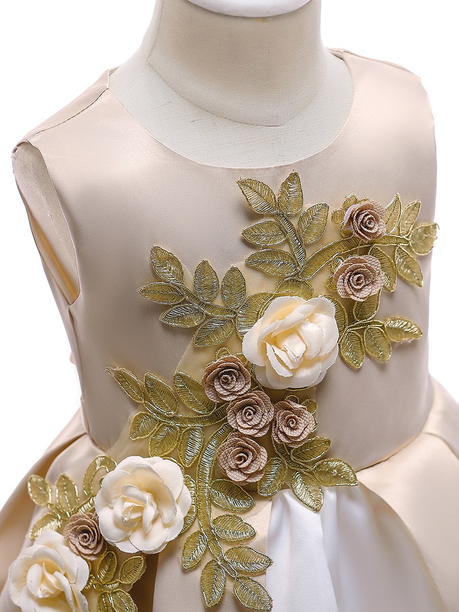 Girls Beige Embellished Sleeveless Pleated Dress