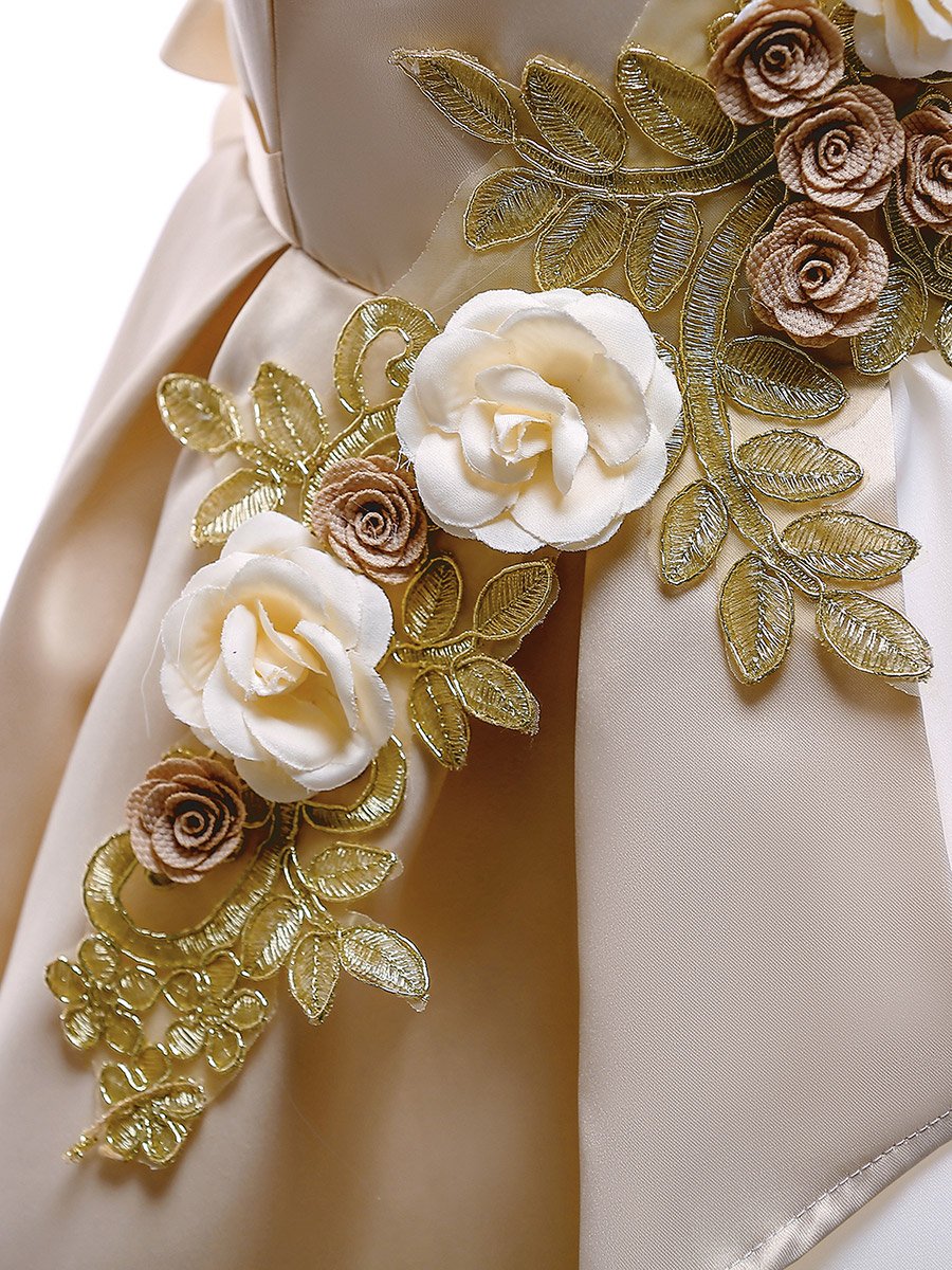 Girls Beige Embellished Sleeveless Pleated Dress