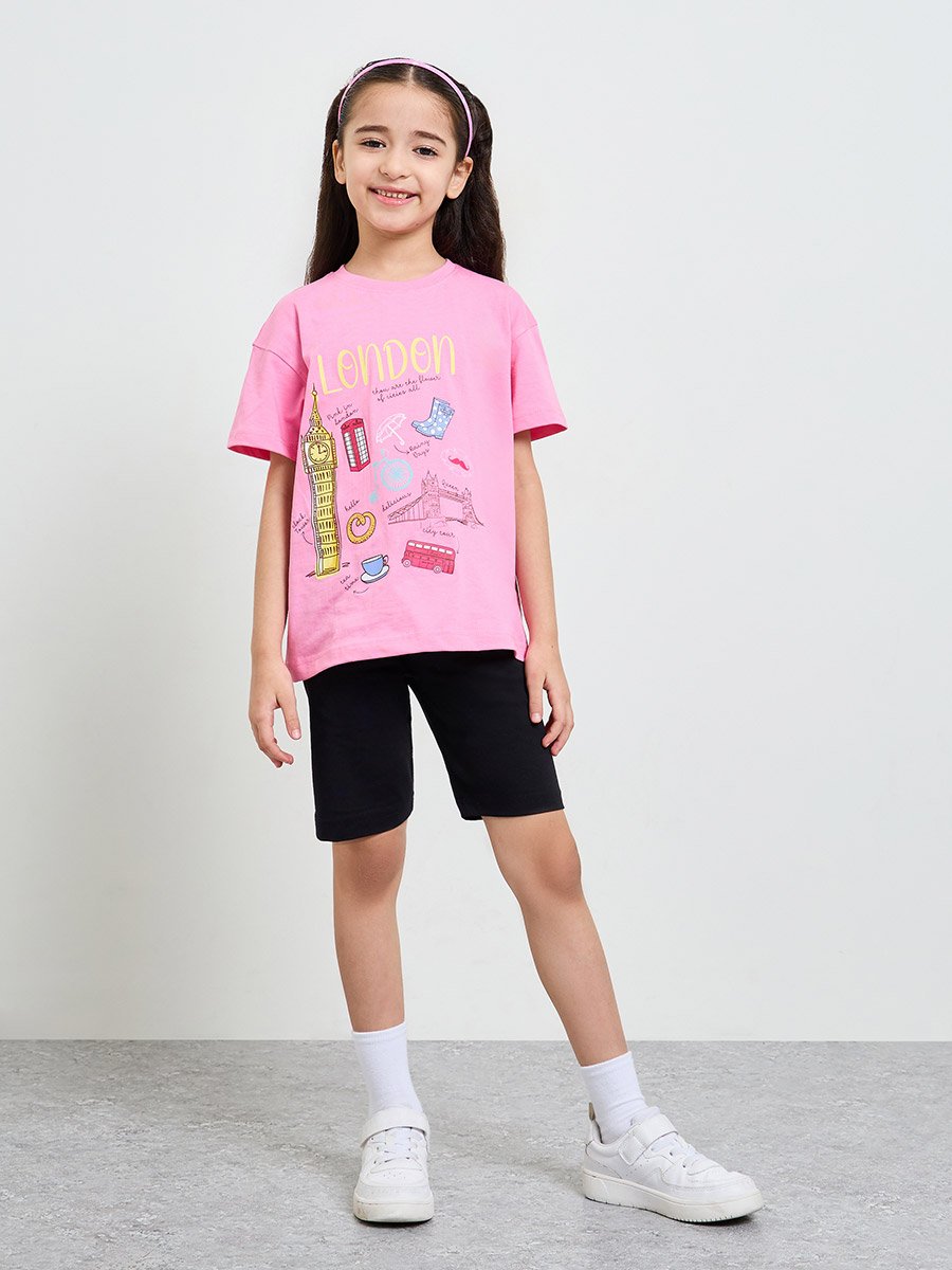 Girls Oversized Printed T-Shirt and Cycling Shorts Set
