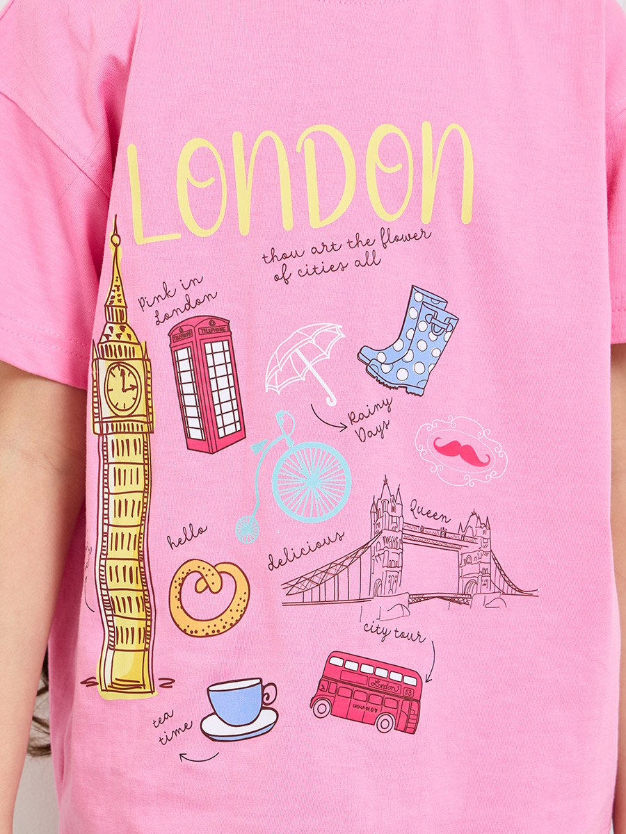 Girls Oversized Printed T-Shirt and Cycling Shorts Set