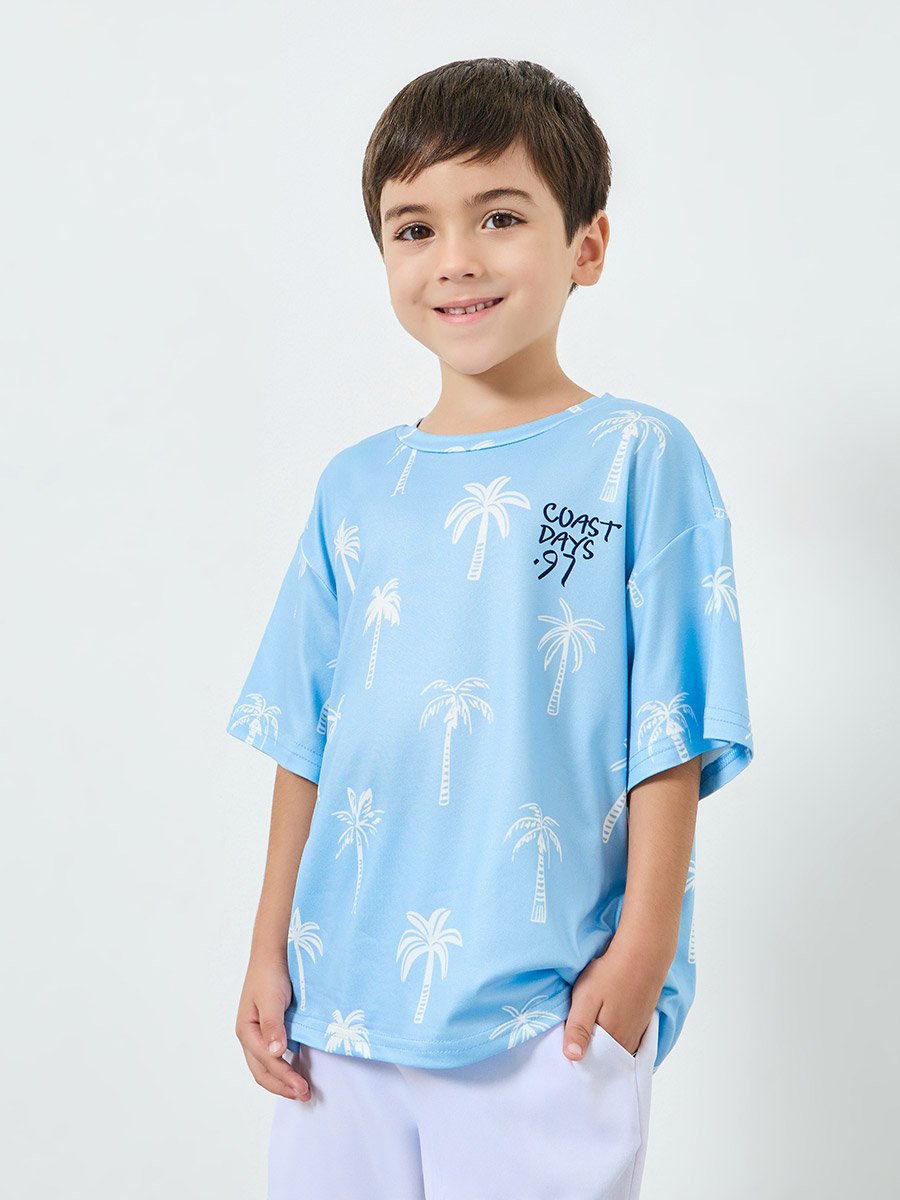 Boys All-Over Palm Print Oversized T-Shirt with Text Emrboidery