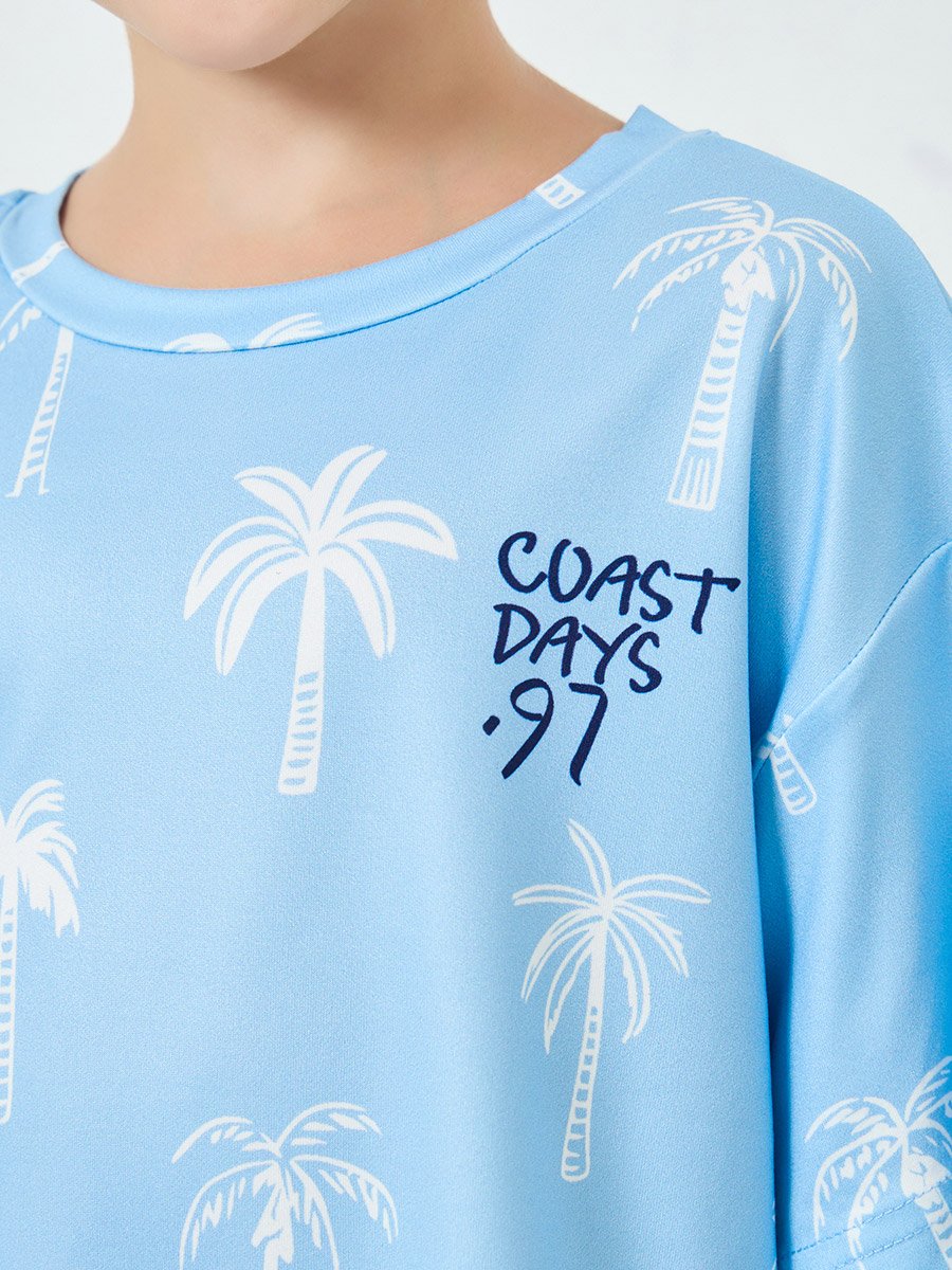 Boys All-Over Palm Print Oversized T-Shirt with Text Emrboidery
