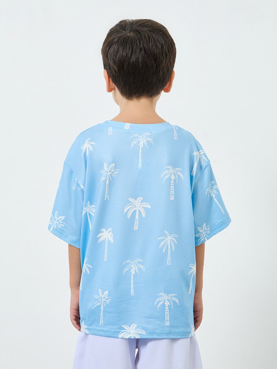 Boys All-Over Palm Print Oversized T-Shirt with Text Emrboidery