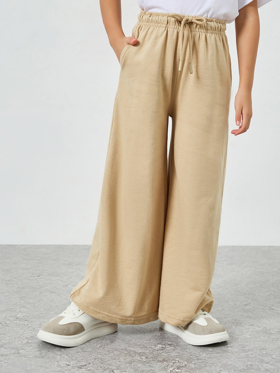 Girls Solid Wide Leg Joggers with Drawstring