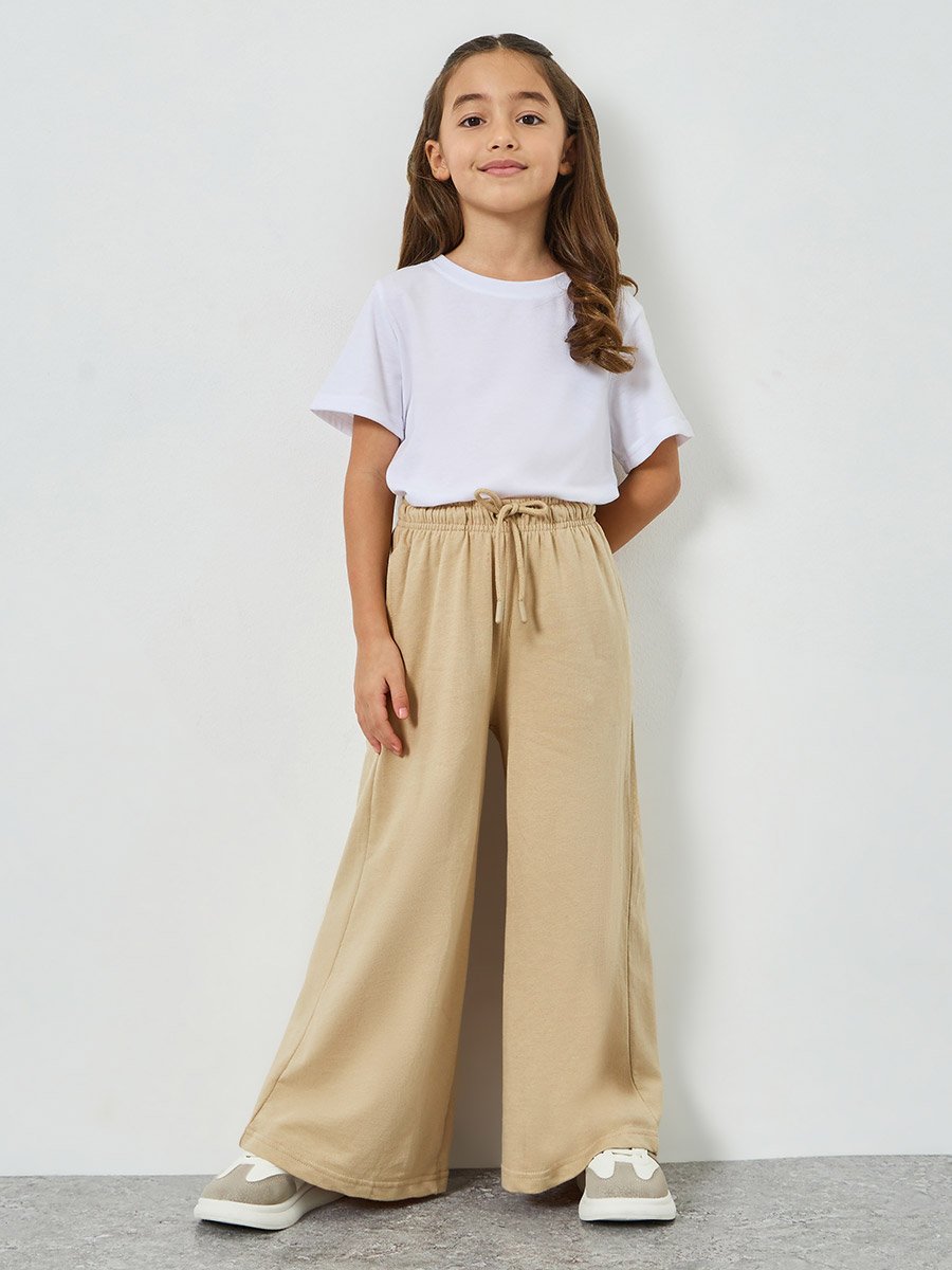 Girls Solid Wide Leg Joggers with Drawstring