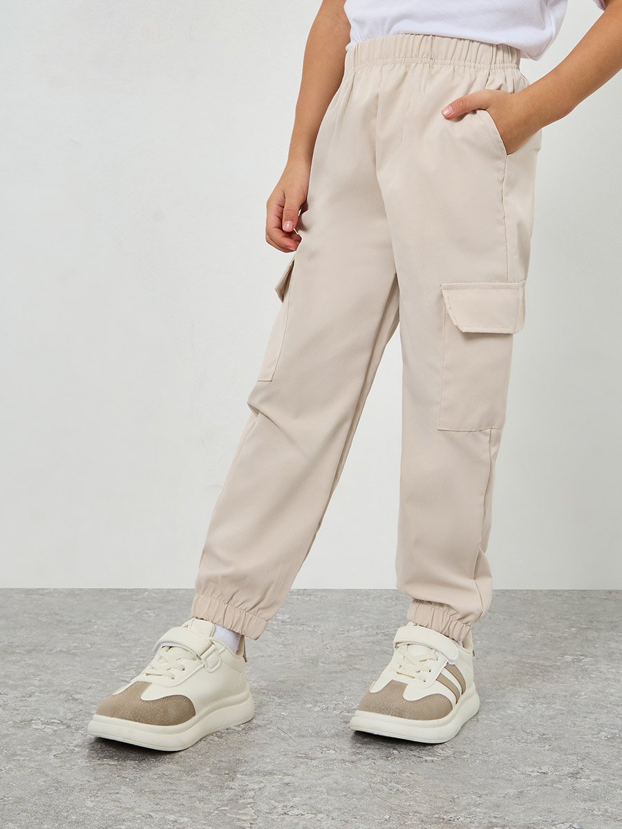 Girls Beige Solid Cargo Joggers