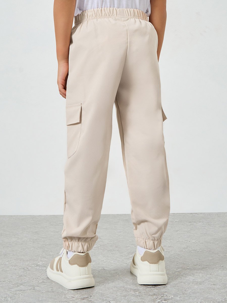 Girls Beige Solid Cargo Joggers