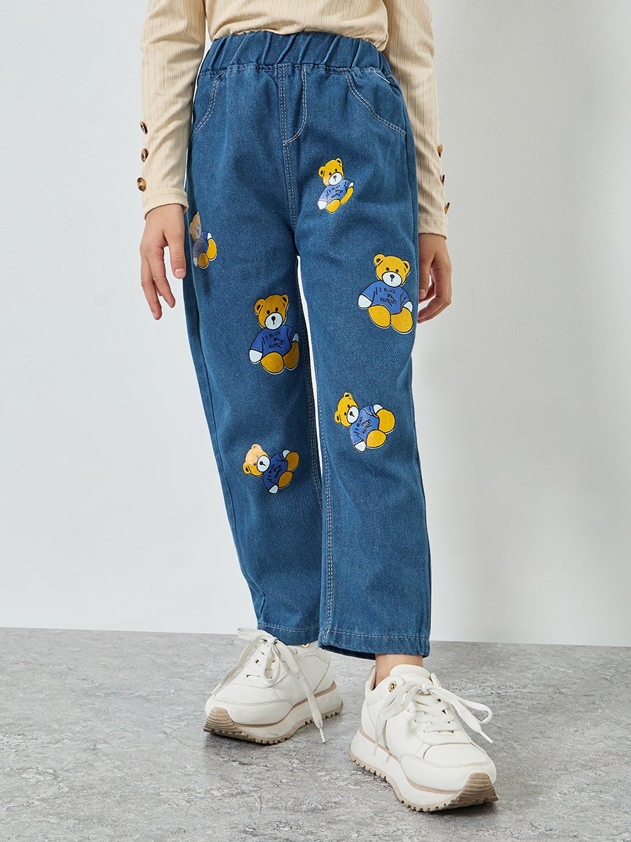 Girls Teddy Pear Graphic Print Cotton Jeans