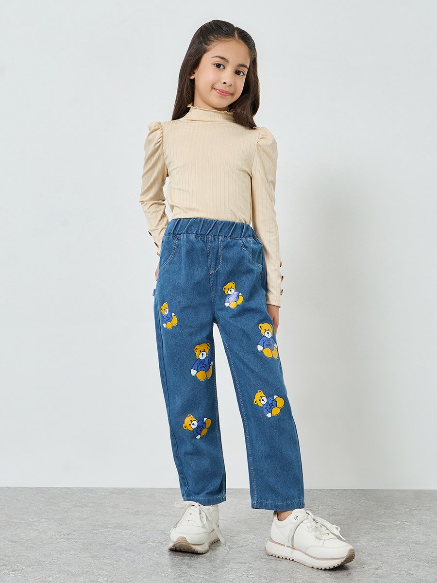 Girls Teddy Pear Graphic Print Cotton Jeans