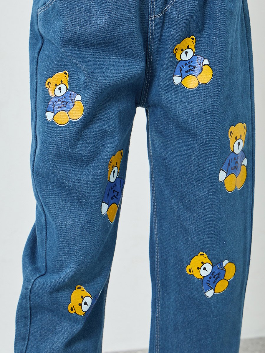Girls Teddy Pear Graphic Print Cotton Jeans
