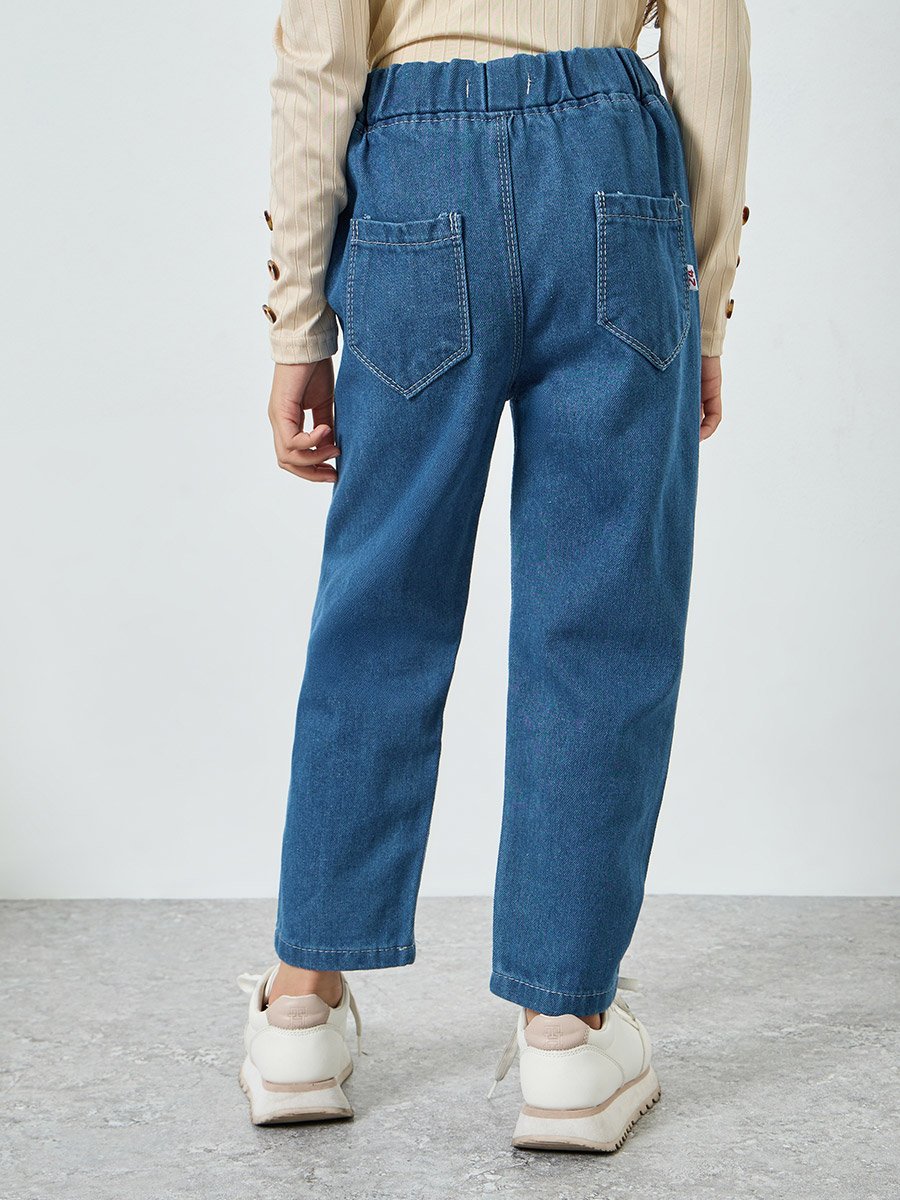 Girls Teddy Pear Graphic Print Cotton Jeans