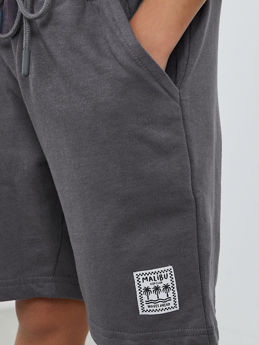 Boys Solid Drawstring Waist Shorts with Badge Detail