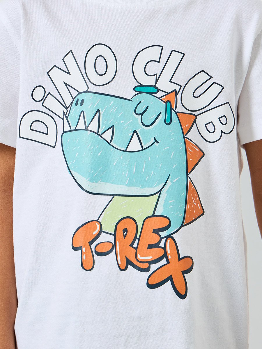 Boys White Dino Club Print T-Shirt