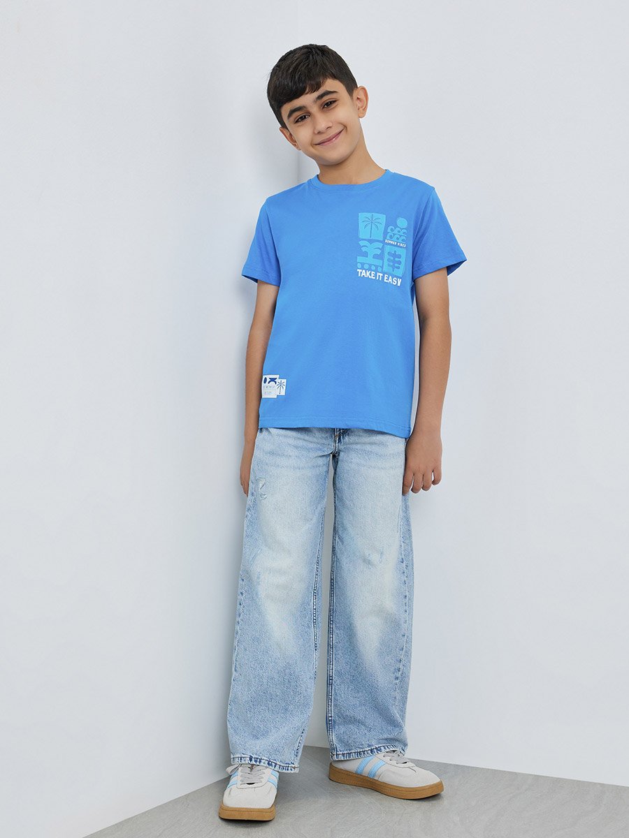Teen Boys Blue Graphic Print Cotton T-Shirt