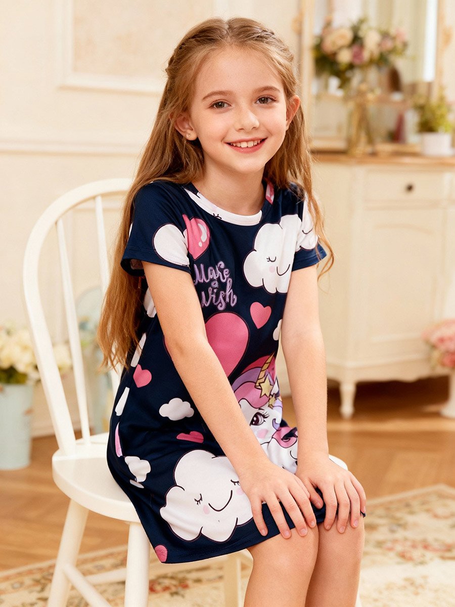 Girls Navy Blue Unicorn and Cloud Print Nightdress
