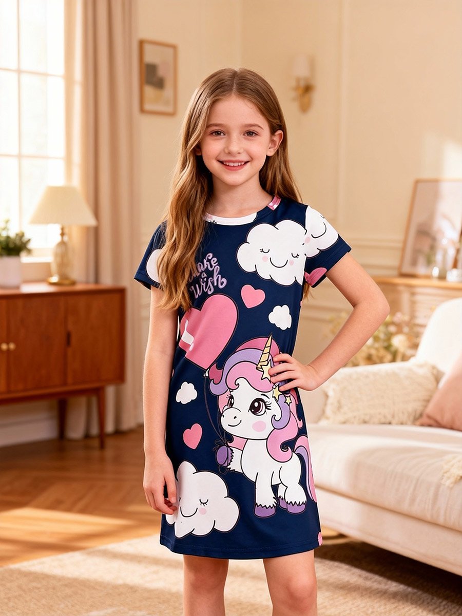 Girls Navy Blue Unicorn and Cloud Print Nightdress