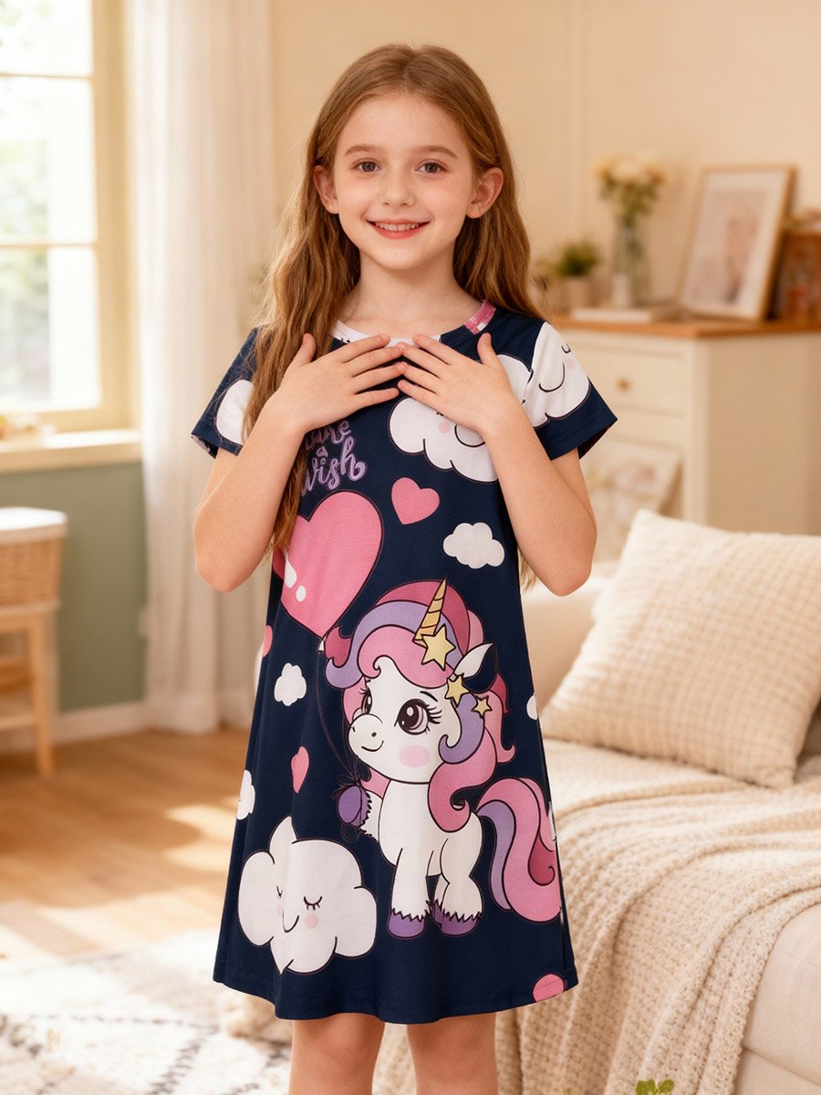 Girls Navy Blue Unicorn and Cloud Print Nightdress