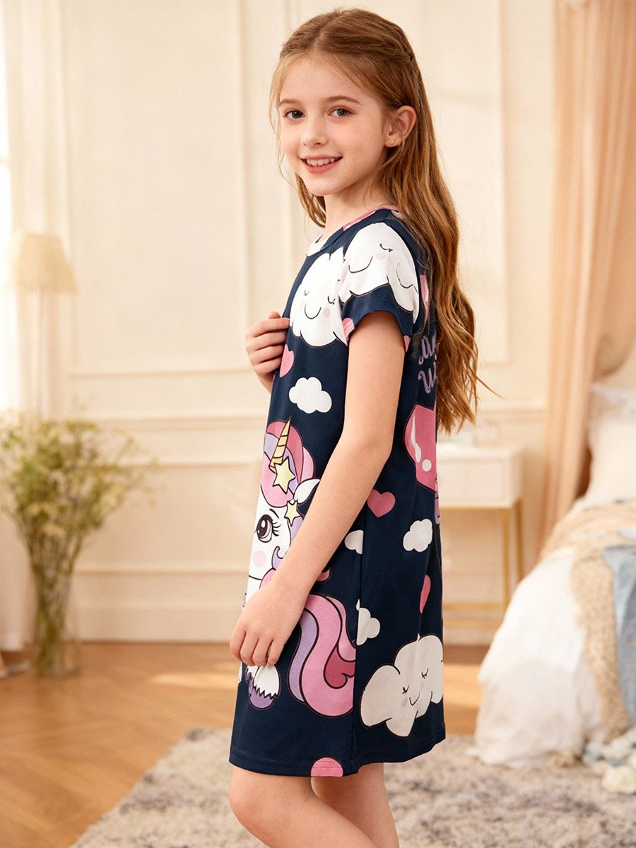 Girls Navy Blue Unicorn and Cloud Print Nightdress
