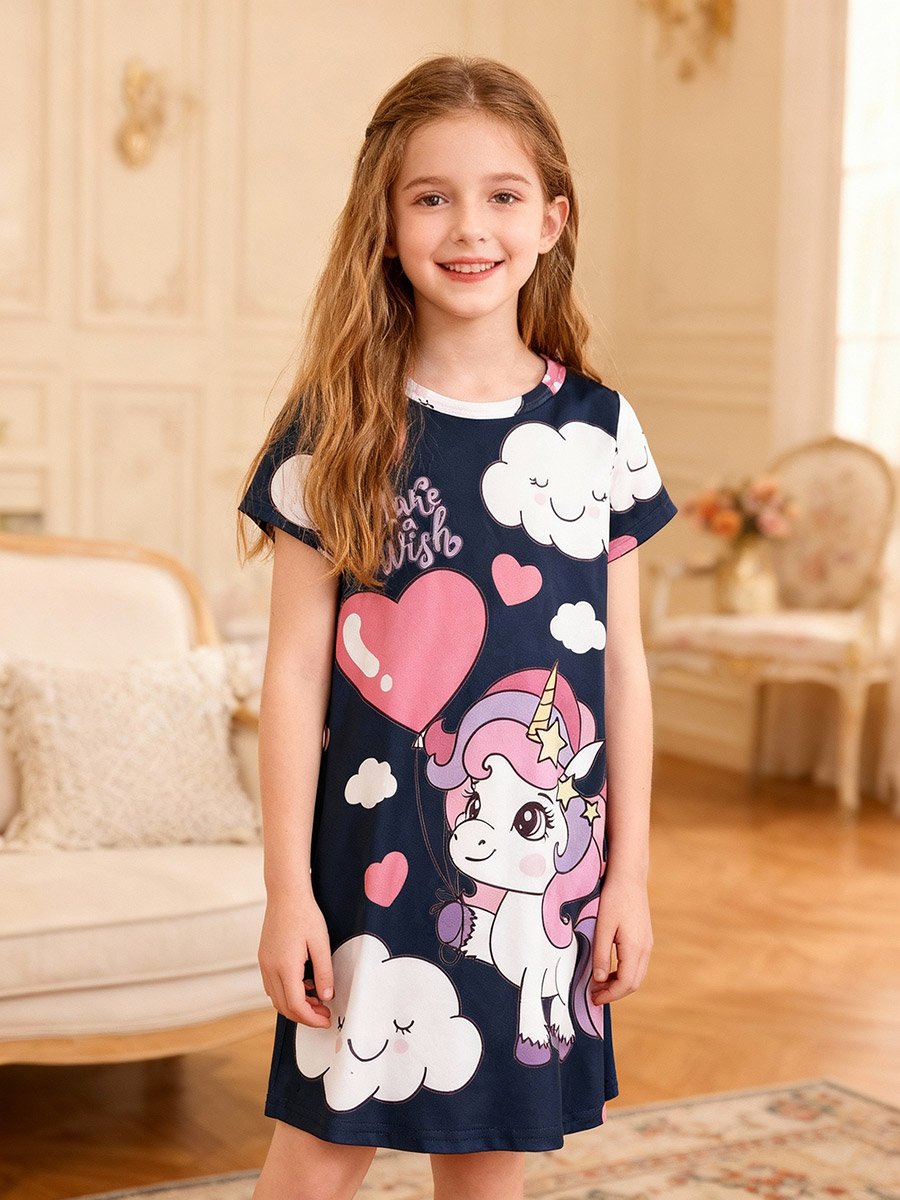 Girls Navy Blue Unicorn and Cloud Print Nightdress