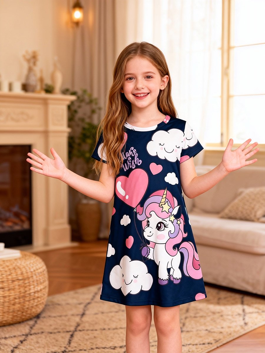 Girls Navy Blue Unicorn and Cloud Print Nightdress