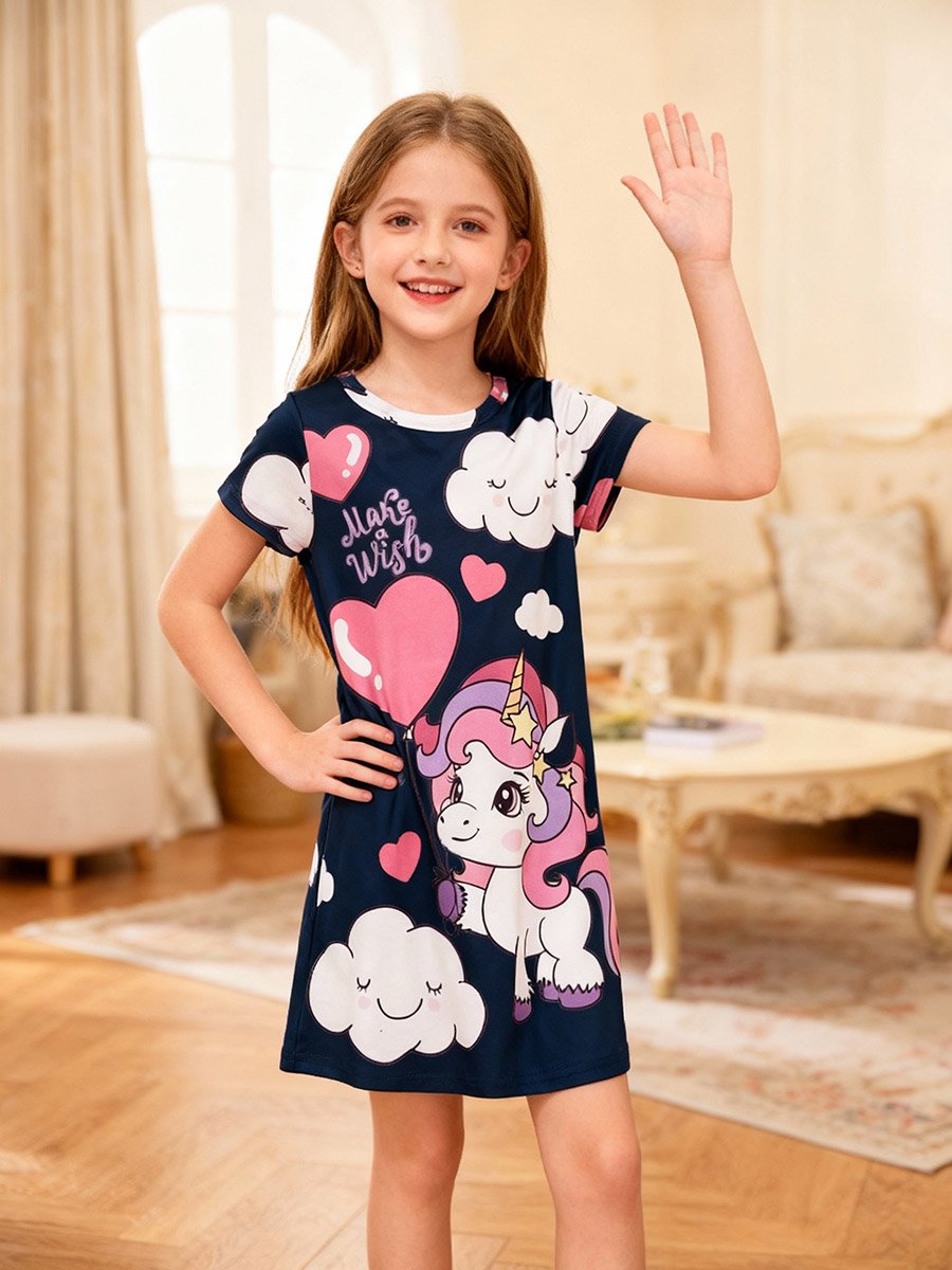 Girls Navy Blue Unicorn and Cloud Print Nightdress