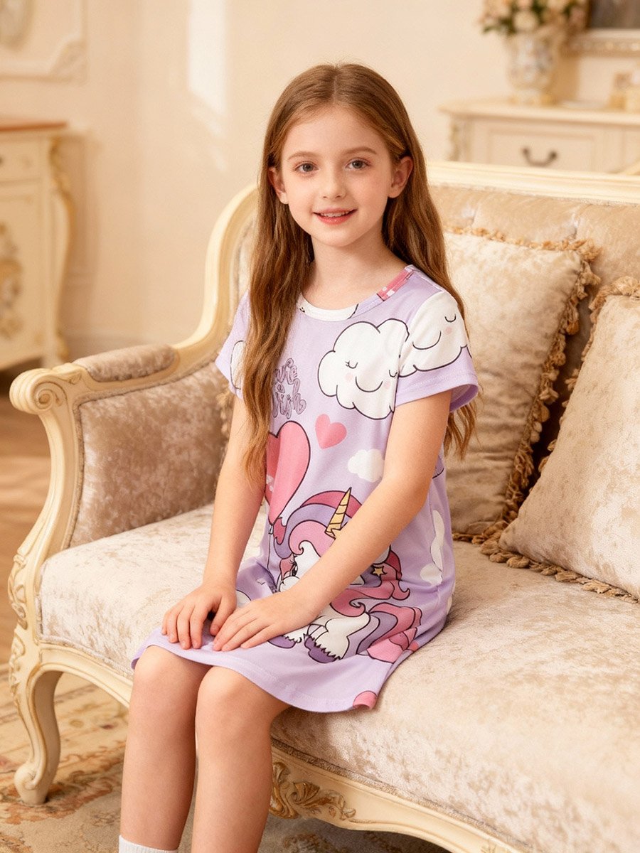 Girls Graphic Print Round Neck Nightdress