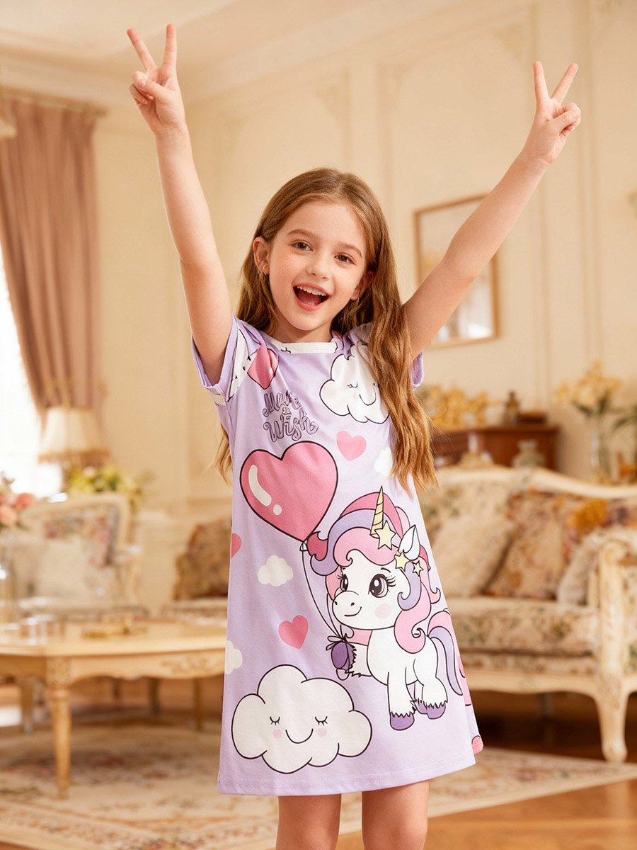 Girls Graphic Print Round Neck Nightdress