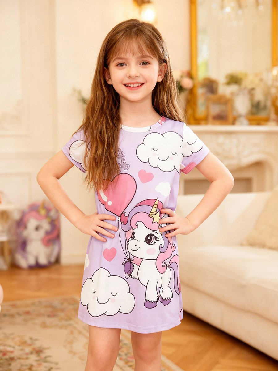 Girls Graphic Print Round Neck Nightdress