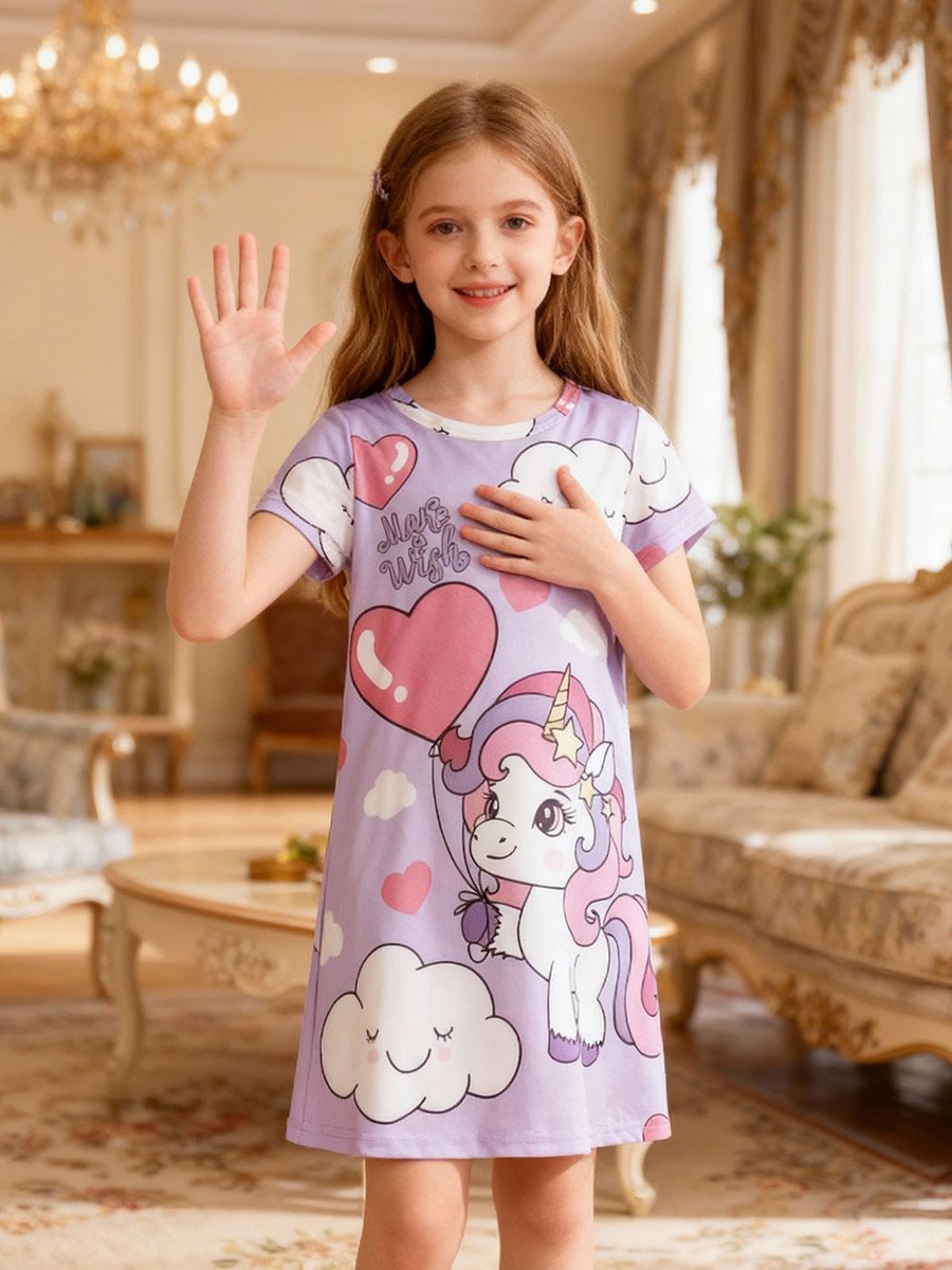 Girls Graphic Print Round Neck Nightdress