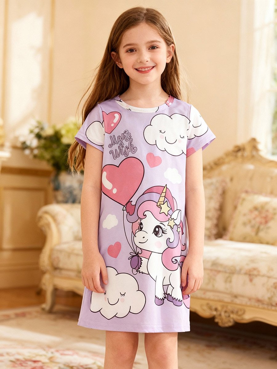 Girls Graphic Print Round Neck Nightdress