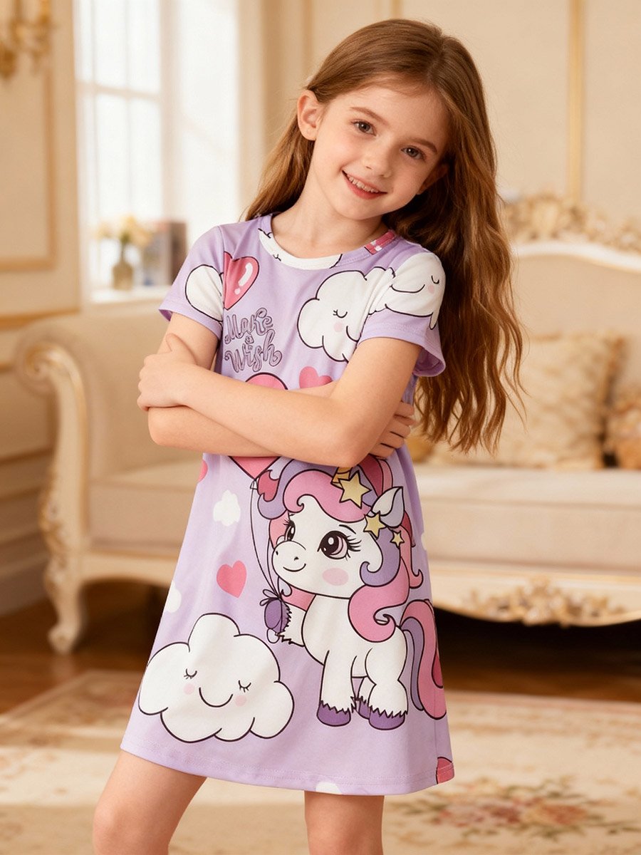 Girls Graphic Print Round Neck Nightdress