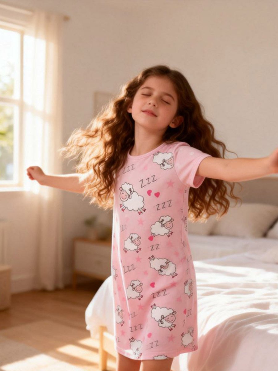 Girls Pink Sheep Print Short Sleeve Nightdress