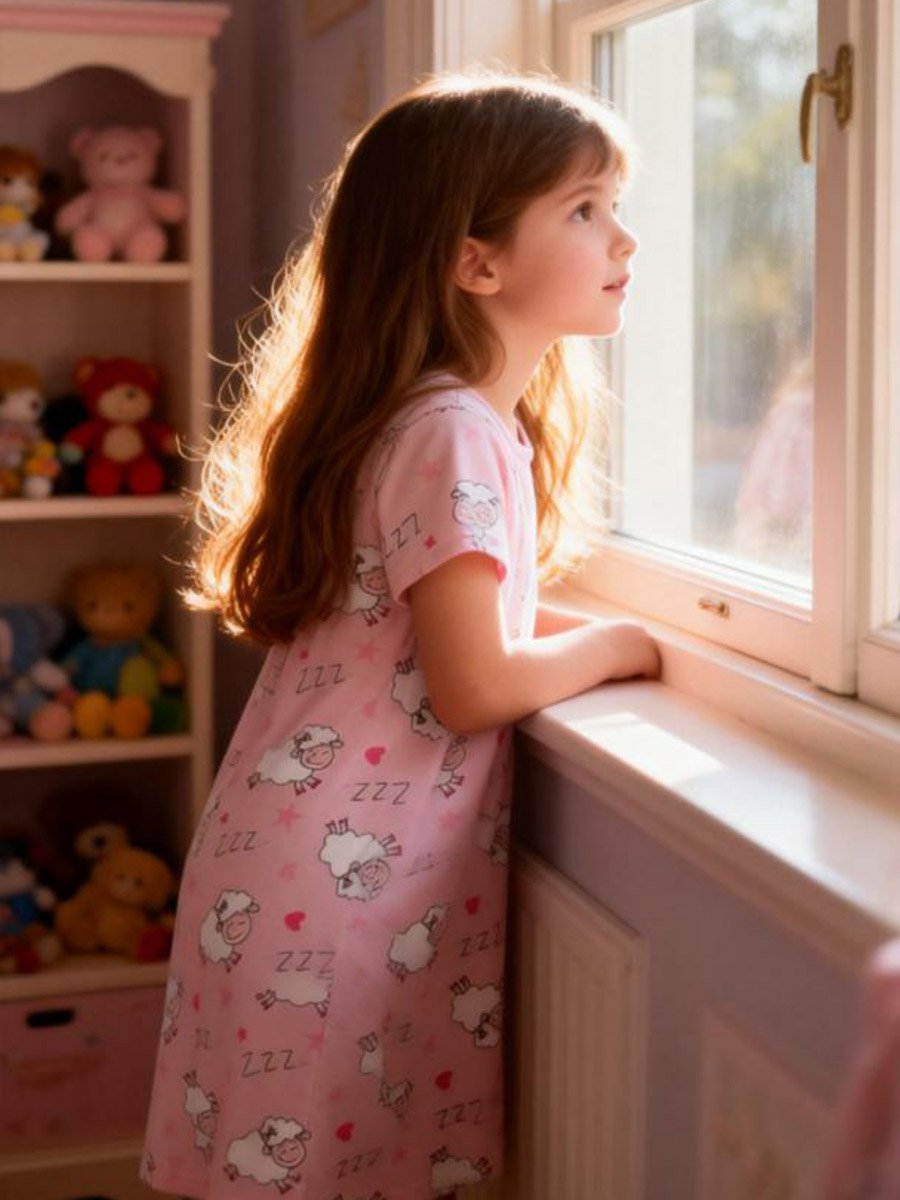 Girls Pink Sheep Print Short Sleeve Nightdress