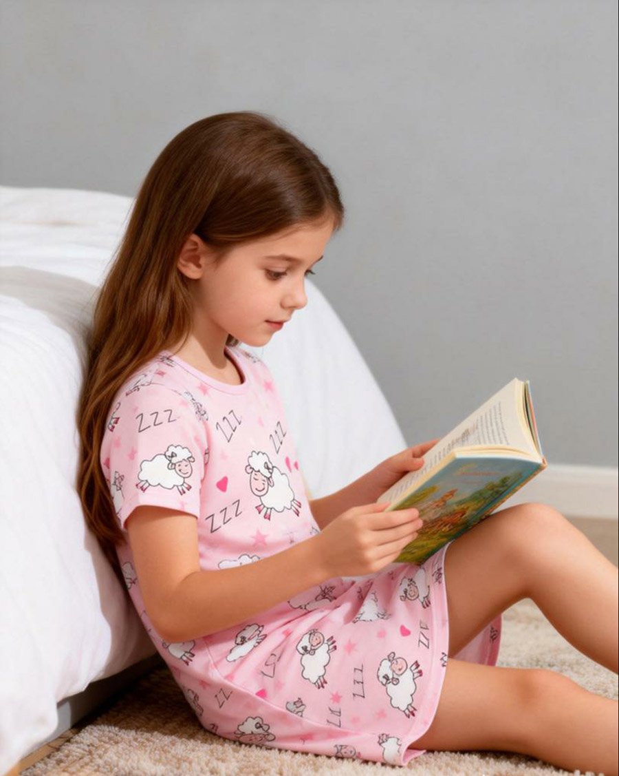 Girls Pink Sheep Print Short Sleeve Nightdress