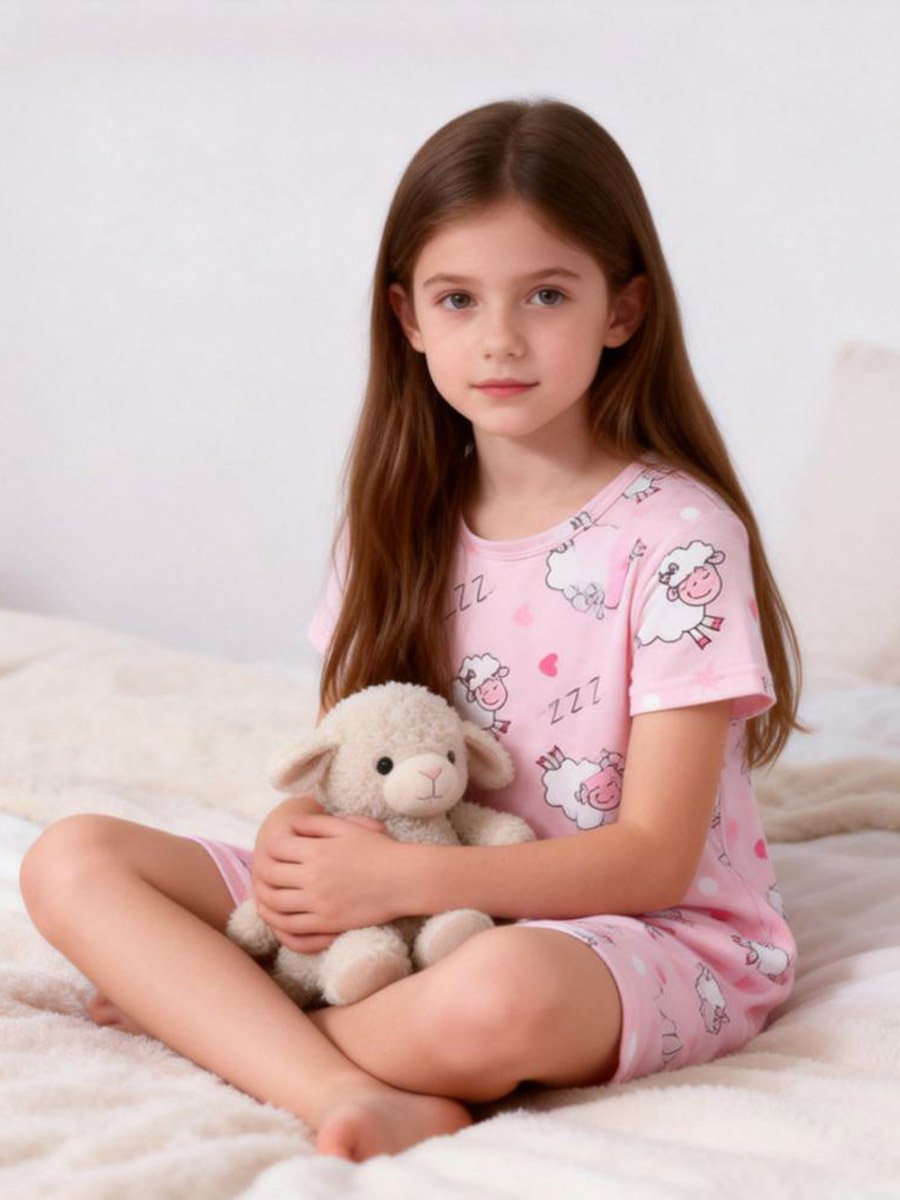 Girls Pink Sheep Print Short Sleeve Nightdress