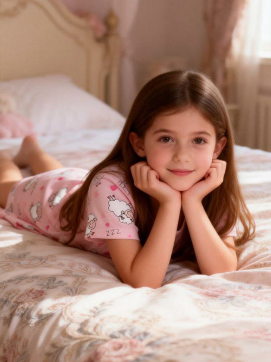 Girls Pink Sheep Print Short Sleeve Nightdress