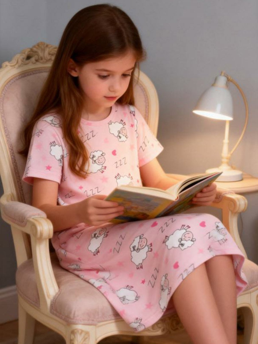 Girls Pink Sheep Print Short Sleeve Nightdress