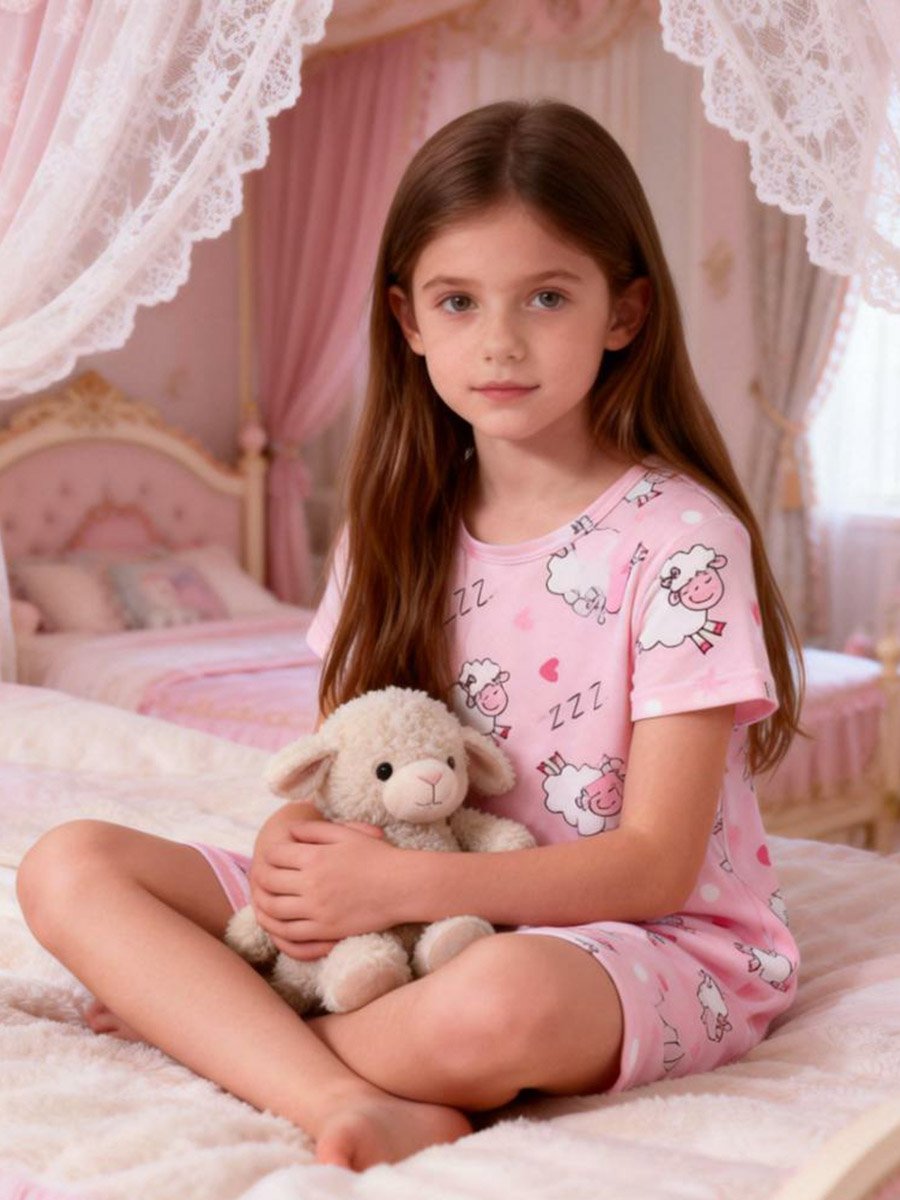Girls Pink Sheep Print Short Sleeve Nightdress