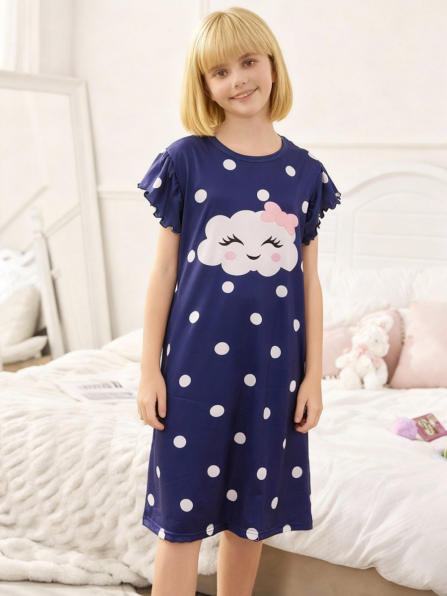 Girls Navy Blue Graphic Print Nightdress