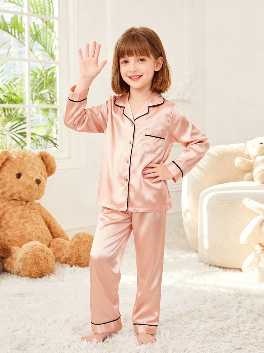 Girls Satin Long Sleeve Shirt and Pyjama Set