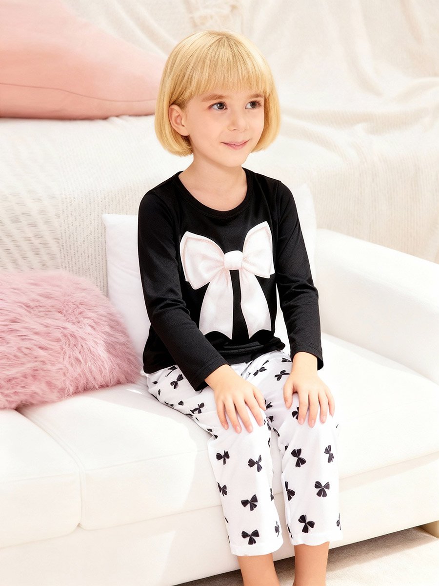 Girls Bow Print Top and Pyjama Set