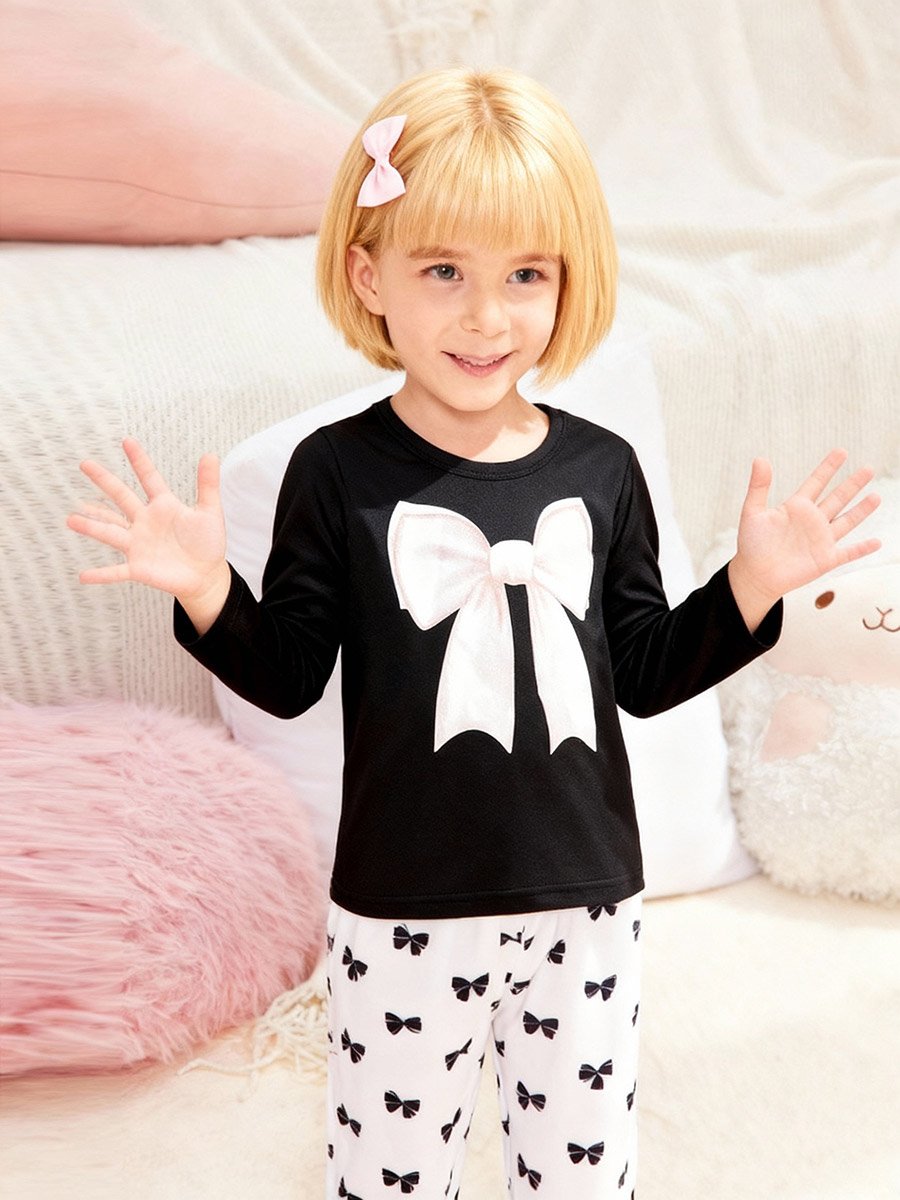 Girls Bow Print Top and Pyjama Set