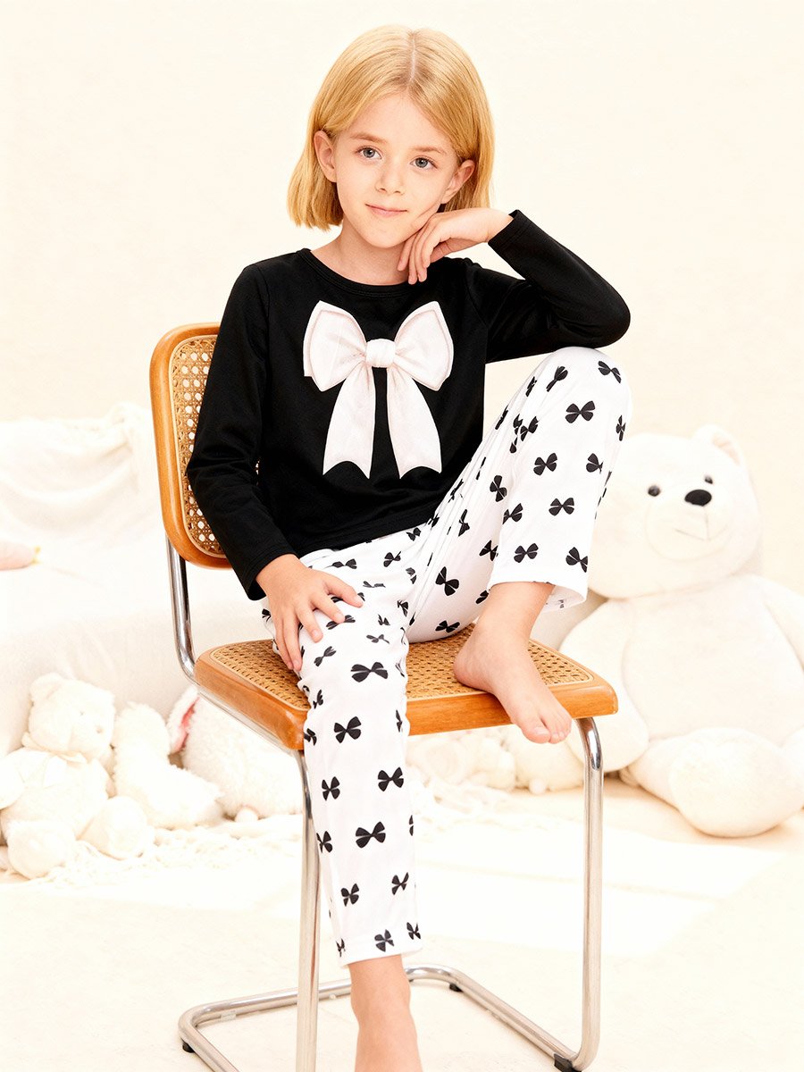 Girls Bow Print Top and Pyjama Set
